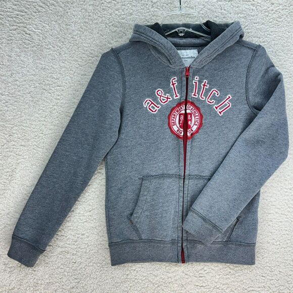 Abercrombie & Fitch Hooded Sweatshirt Kids 13/14 Gray Zip Up Pockets Embroidered - Picture 1 of 9
